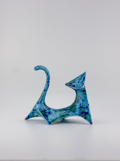 Modern Cat / Turquose with Dark Blue, Green, Yellow Crystals / Left